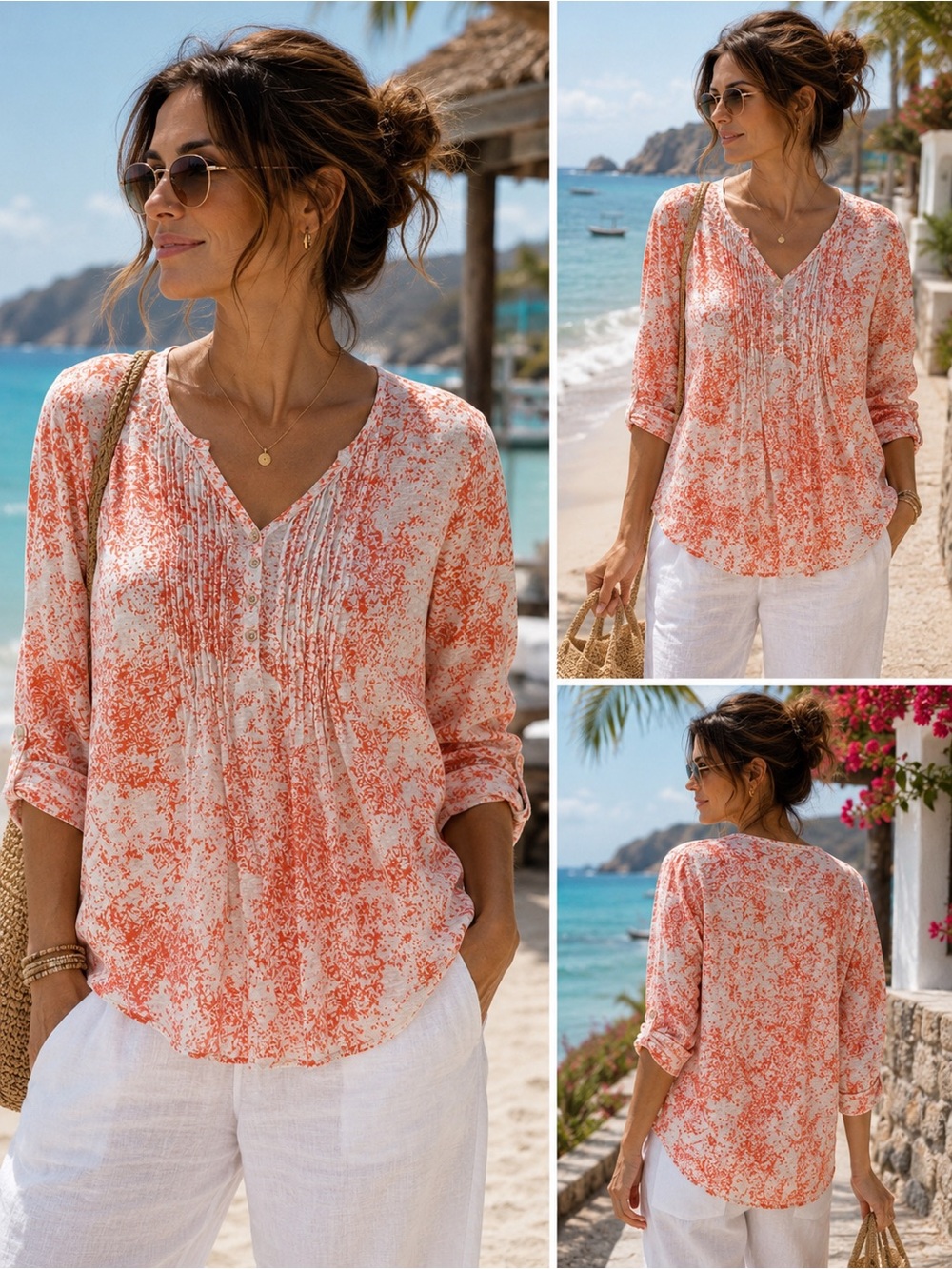 Poetry Coral and White V‑Neck Pintuck Blouse